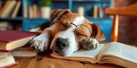 Happy cute dog with reading glasses fell a sleep