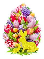 Bunte Dekoration für Ostern mit Tulpen und Osterhase  Hintergrund transparent PNG cut out