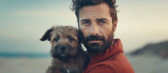 Joyful man bonding with adorable puppy on sandy shore under sunny skies - Powered by Adobe