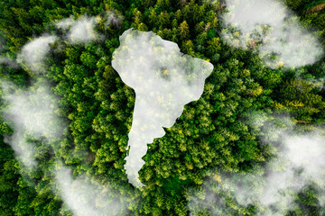 South America shaped clouds on blue planet Earth isolated on forest background. Highly detailed...