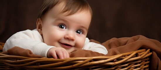 Sweet Infant Resting Peacefully in Brown Basket Swathed in a Soft Blanket