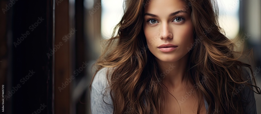 Sticker Mesmerizing Portrait of a Woman with Elegant Long Brown Hair Making Eye Contact