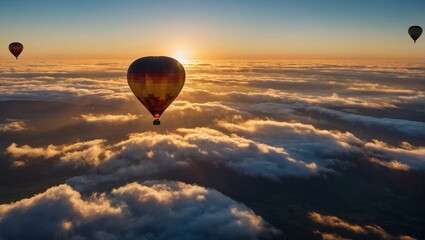 hot air balloon at sunset - obrazy, fototapety, plakaty