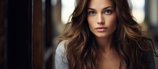 Mesmerizing Portrait of a Woman with Elegant Long Brown Hair Making Eye Contact