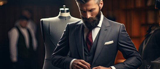 Elegant Tailor Examining His Custom-Made Suit with Precision and Attention to Detail