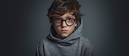 Portrait of a Young Boy in Glasses and Hoodie Expressing Sadness and Resilience - obrazy, fototapety, plakaty