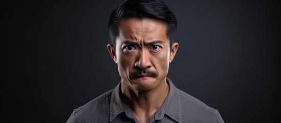 Frustrated Asian Man with a Thin Mustache Wearing a Shirt Isolated on Plain Background - obrazy, fototapety, plakaty