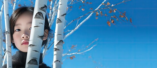 Curious Girl Peeking Behind Birch Trees Under a Clear Blue Sky