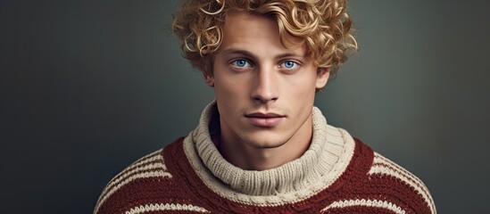 Confident young man with curly hair in striped sweater exuding sincerity and calmness - obrazy, fototapety, plakaty