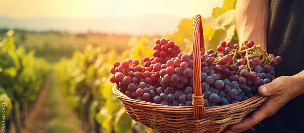 Poster harvesting grapes: man collecting freshly picked wine grapes in a vibrant vineyard setting