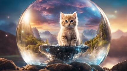 cat in the night highly intricately detailed Playful scottish kitten cat in a crystal ball 