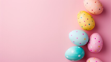 Fototapeta na wymiar Easter decoration colorful eggs on pink background with copy space. Beautiful colorful easter eggs. Happy Easter. Isolated.