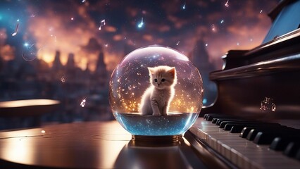 highly intricately detailed photograph of Little kitten walking on piano keys   inside a glass orb  