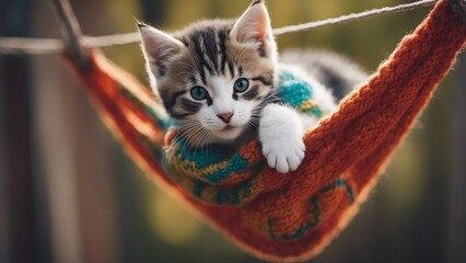 A cozy Maine Coon kitten, enveloped in the warmth of a colorful knitted sock, dozing off   - obrazy, fototapety, plakaty