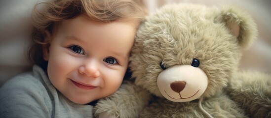 Adorable Infant Giggling Joyfully With Cuddly Teddy Bear