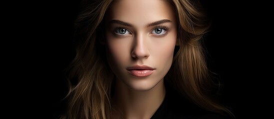 Fototapeta premium Captivating Beauty of a Woman with Blue Eyes and Long Hair in Close-up Portrait