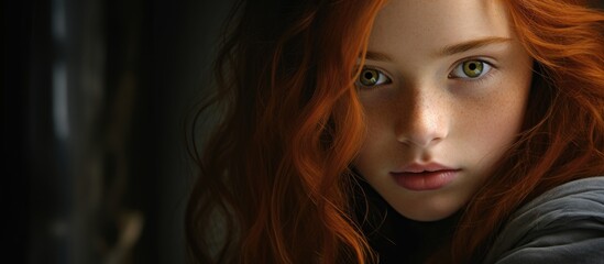 Introspective Young Girl with auburn hair lost in thoughts - obrazy, fototapety, plakaty