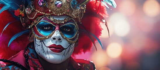 Enigmatic Woman Adorned in Mystical Feathers and Mask for Carnival Festivity