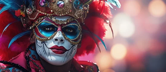 Afwasbaar Fotobehang Carnaval Enigmatic Woman Adorned in Mystical Feathers and Mask for Carnival Festivity