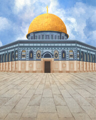Vector Hand Drawn Dome of The Rock al-aqsa mosque ,old city of Jerusalem, Palestine Illustration