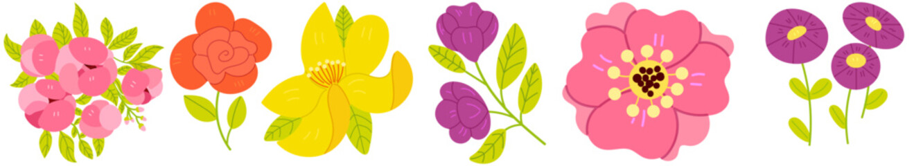 Spring set with cute spring flowers and leaves in flat style. Kids design, for fabric, wrapping, textile, wallpaper