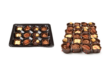 Chocolate candy collection in plastic box.