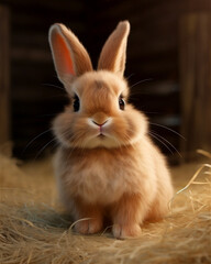 A small brown rabbit with whiskers and ears sitting on a pile of hay, gazing at the camera. The domestic rabbit has a fawncolored fur and a cute snout