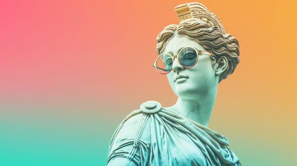 A marble statue of an ancient Greek goddess wearing Sunglasses on her head, symbolizing a blend of ancient and modern elements. Digital Collage. Banner for advertising glasses.
