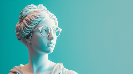 A marble statue of a woman wearing Glasses, set against a blue background, showcases an ancient Greek goddess in a modern interpretation. Banner for advertising optics.