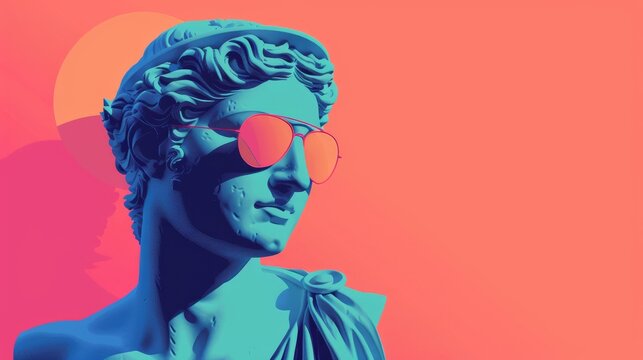 Marble statue of an ancient Greek god in modern sunglass on a vibrant pink background. Banner for advertising glasses.. Digital Collage.