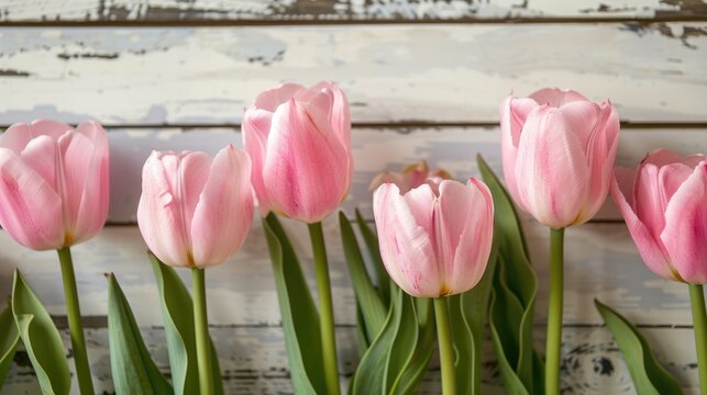 Pink tulips against wooden wall. Holiday card. Happy Mother's Day. AI Generated 