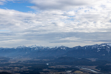 View from the Carinthian mountain Görlizen to the Karawanken ridge and Lake Ossiacher in winter