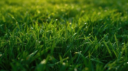 Close-up of dew on vibrant green grass with sunlight filtering through.