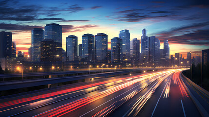 Fototapeta premium Big city skyline and traffic lights blur motion, skyscrapers and highway light tracks during rush hour