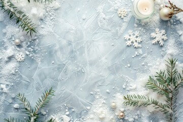 Fototapeta na wymiar Winter holiday decorations on icy background - Festive holiday setting with candles, snowflakes, and pine branches on a frosty ice-textured surface