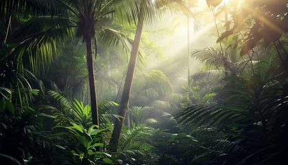 Foto op Canvas Tropical green rain forest with big trees and plants. Deep tropical jungles landscape background © annebel146