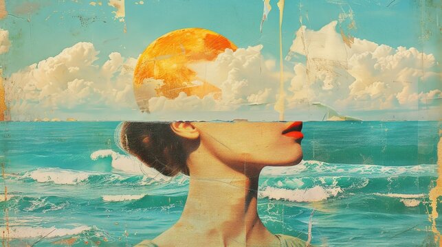 Artistic collage of woman profile, ocean, and sun in vintage style.