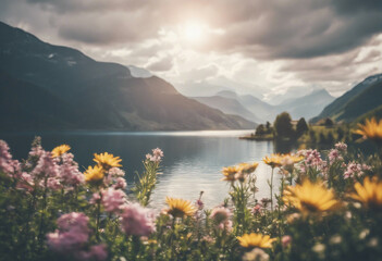 Beautiful landscape of a lake, mountains, and flowers with sun is shining