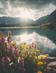 Fototapeta na wymiar Beautiful landscape of a lake, mountains, and flowers with sun is shining