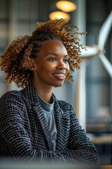 Smiling young woman in an office with wind turbine model.