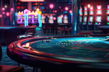 close-up, casino with poker table with chips, against the background of slot machines, night life, empty room - obrazy, fototapety, plakaty