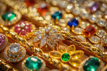 close-up, precious stones, multi-colored diamonds, women's jewelry, gold flowers