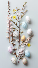 Happy Easter. Vertical banner, instagram story or tiktok background. Pastel colored eggs on light background, natural colors