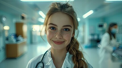 Smiling young healthcare worker in a hospital setting.