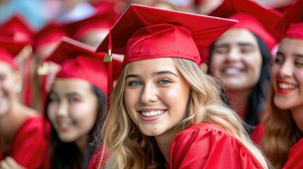 Smiling graduate in red cap and gown with classmates.