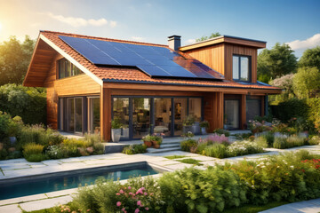 Fototapeta na wymiar Illustration of rustic sustainable house with big windows, swimming pool and solar panels on the roof, surrounded by trees and plants. Photovoltaic system, eco friendly house concept