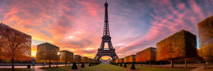 Papier Peint photo autocollant Paris Splendid Twilight View of the Eiffel Tower Dominating the Picturesque Parisian Cityscape during Autumn