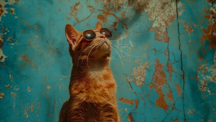 An orange cat with sunglasses looking up
