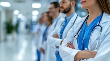 Blurred medical staff lined up in hospital hallway.
