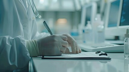 Close-up of gloved hand writing on a form in a medical office